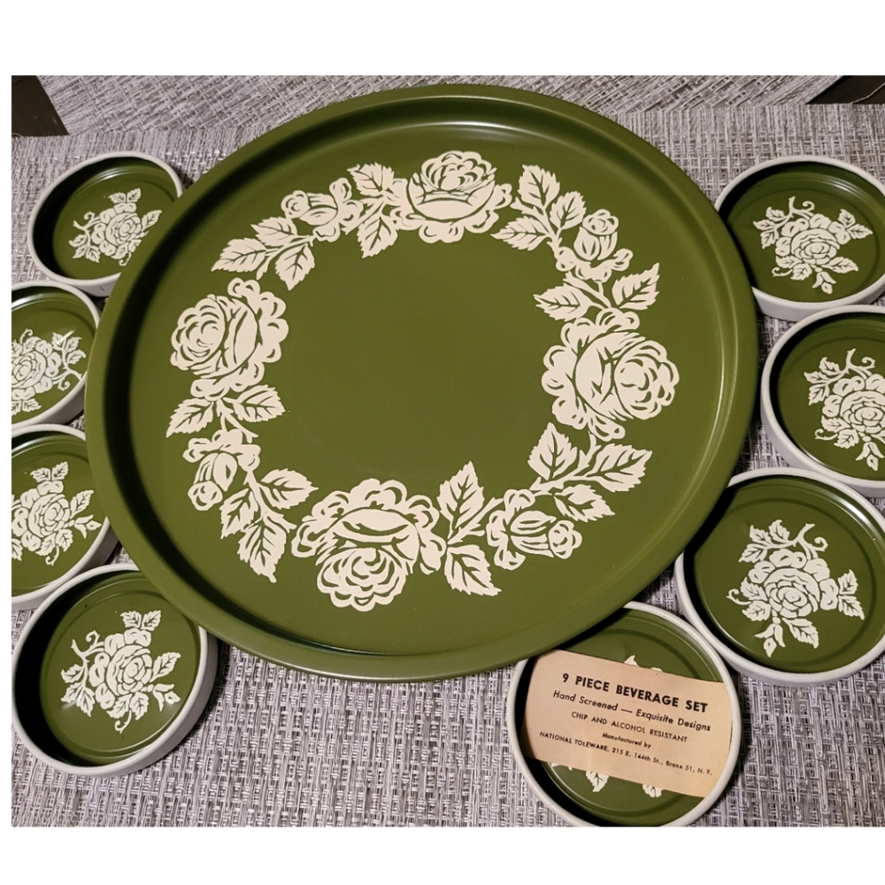 Vtg Mid-Century~9pc Toleware  Floral Beverage Tray & Coaster Set for Gatherings